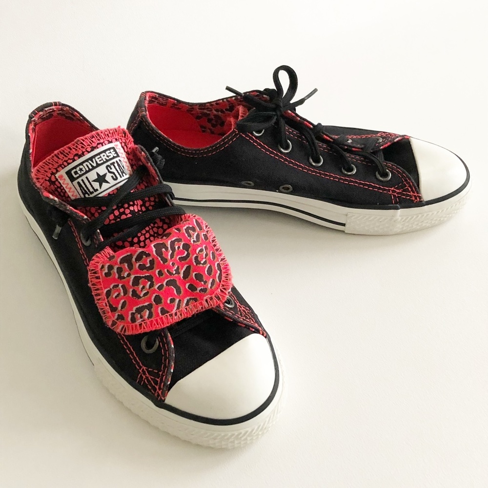 Girls Converse All Star Double Tongue Leopard Print Sneaker Pink Black Sz 2
